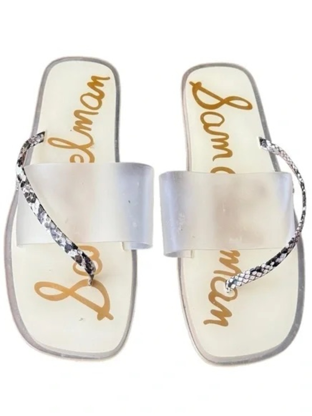 Sam Edelman Clear Slide Sandals with Silver Snake-Print Strap - Clear/Silver
